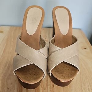 Neutral Crisscross Platform Mules in Beige - Unbranded